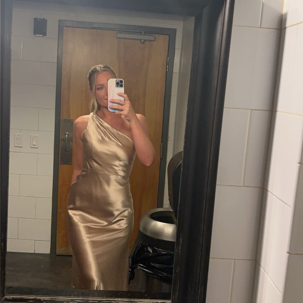 Satin One-Shoulder Bridesmaid/Evening Dress in Pale Gold